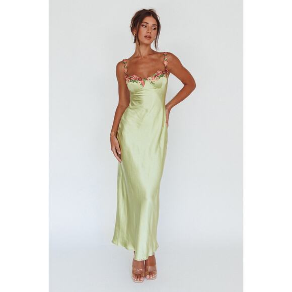 New! Selfie Leslie Rose Garden Floral Applique Midi satin Dress Lime green Med - Picture 1 of 12